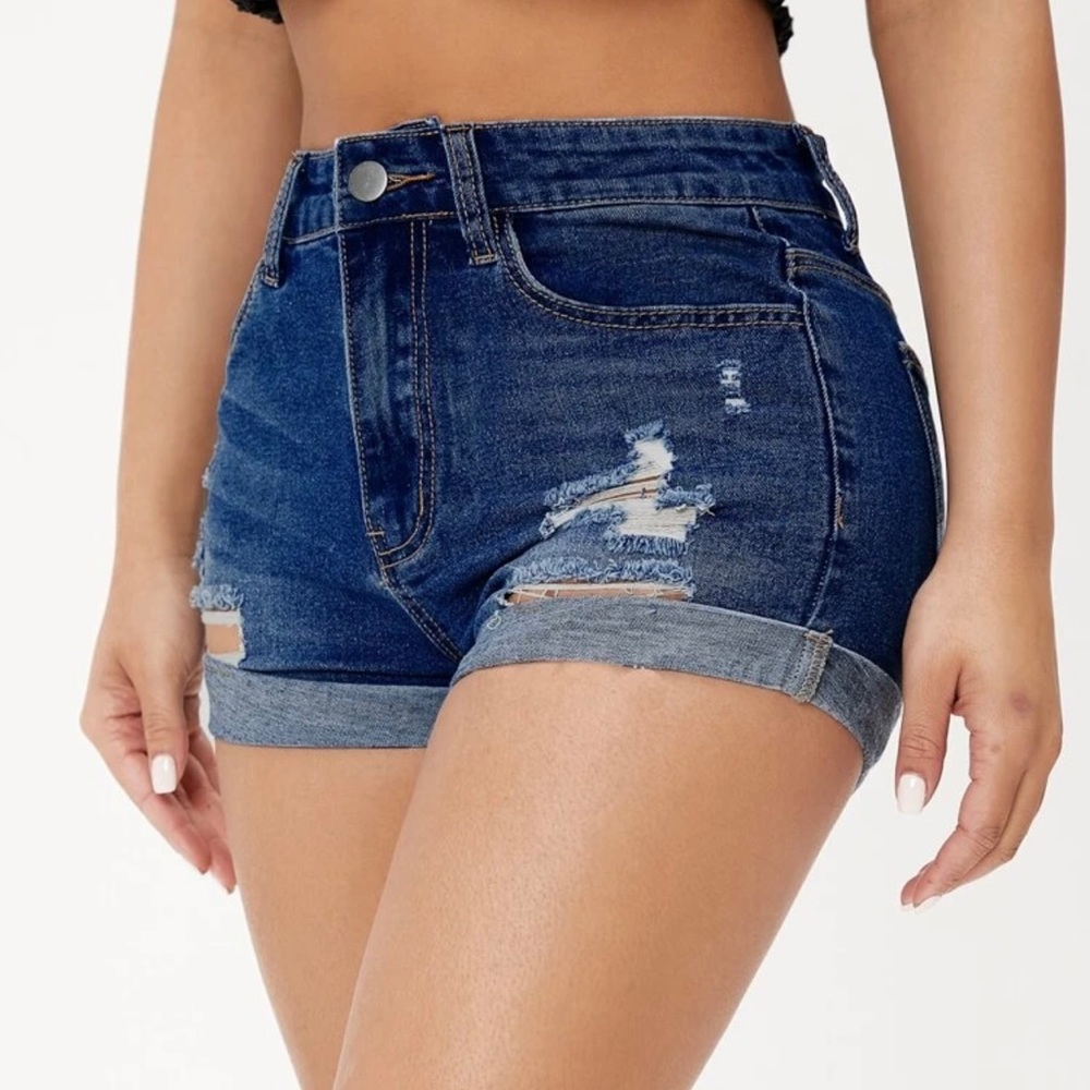 PETITE High Waist Ripped Denim Shorts